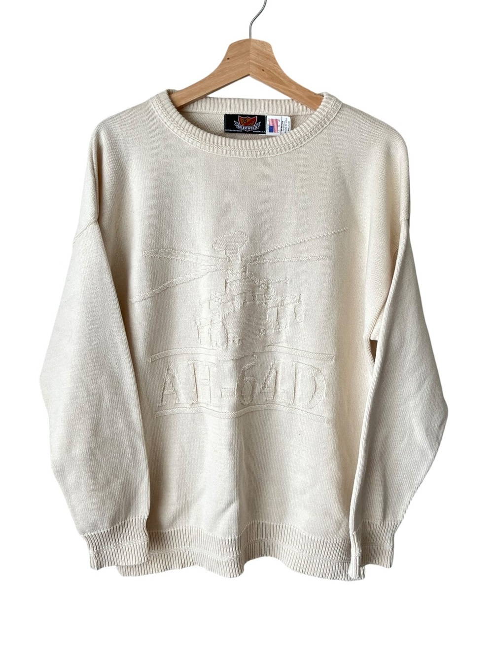 Vintage AH 64 D Apache Helicopter Knit 100% Cotton Sweater Medium White